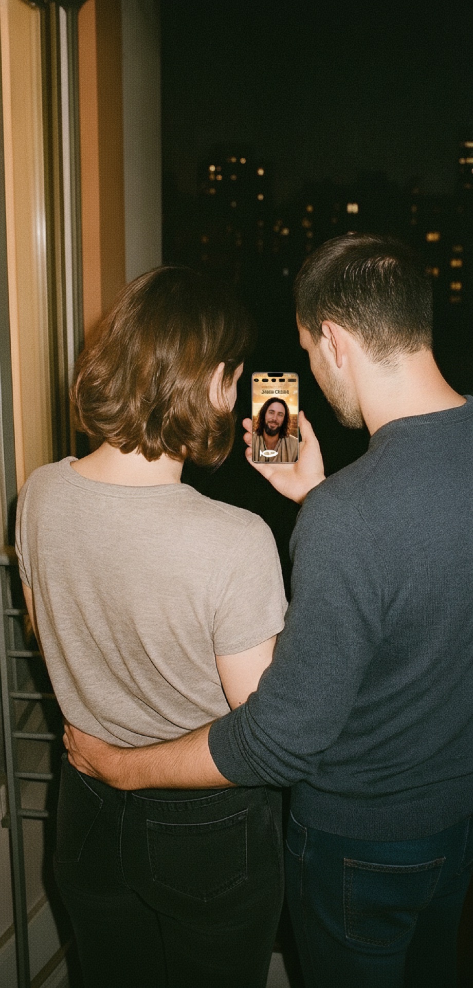 A young couple on their apartment balcony at night, looking together at Jesus on the phone above the city lights