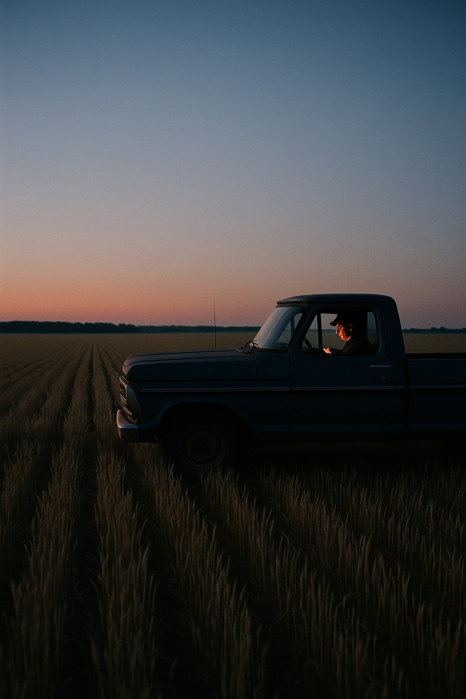 A pickup truck alone in a wheat field before sunrise, the farmer's face inside the dark cab lit by the warm glow of the app
