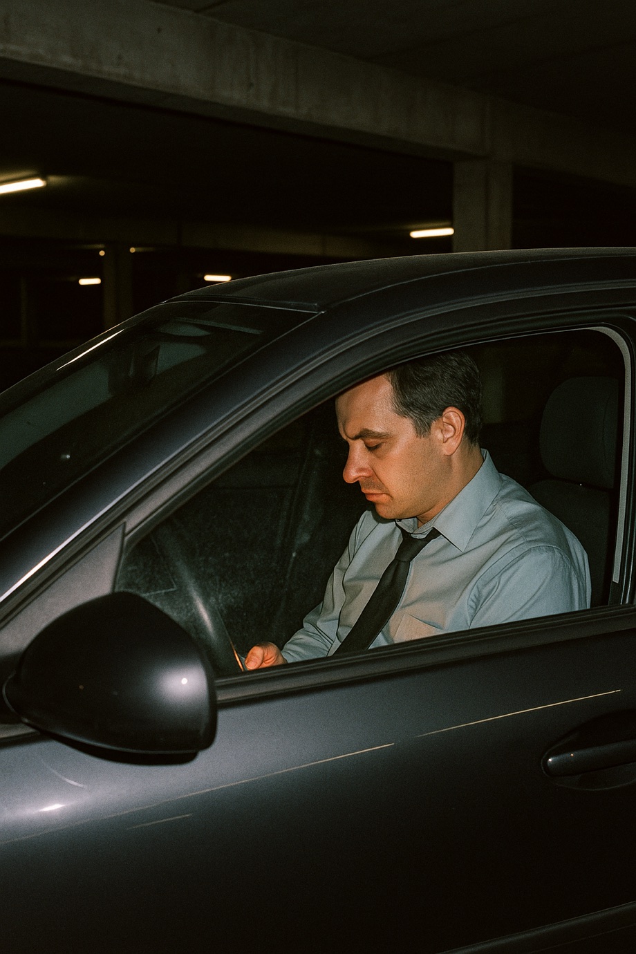 A businessman sitting in his parked car in an office garage, head bowed over his phone before the workday