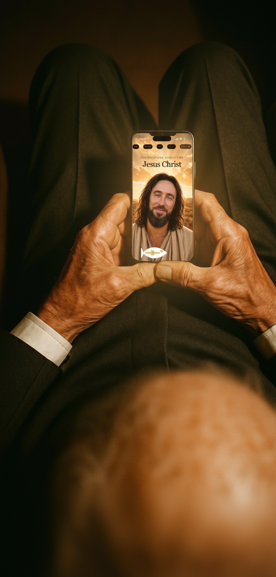 Looking down over an old man's shoulder at the phone in his lap, Jesus glowing on the screen between his weathered hands