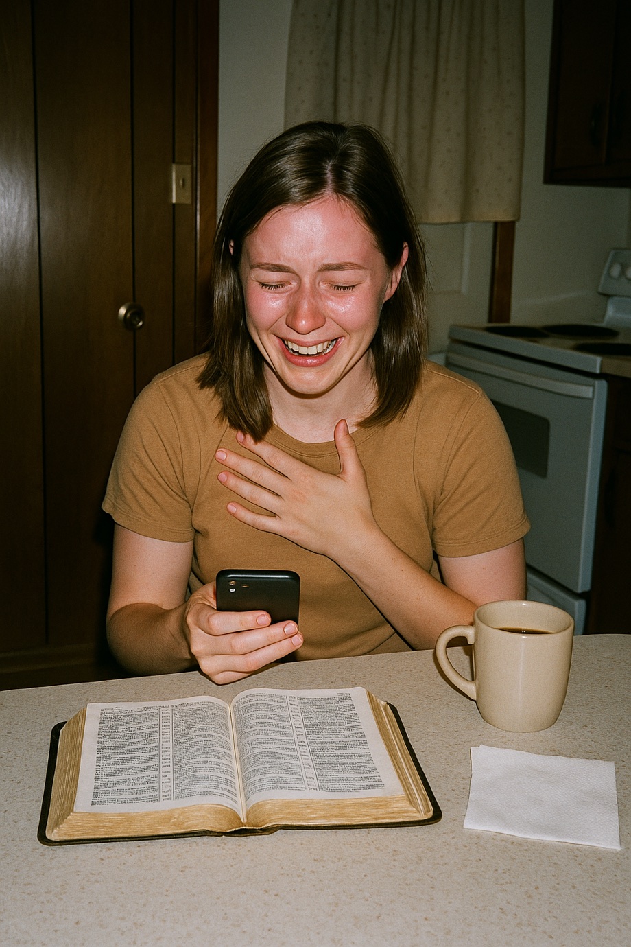 A young woman at her kitchen table with an open Bible, laughing through tears at what she just heard