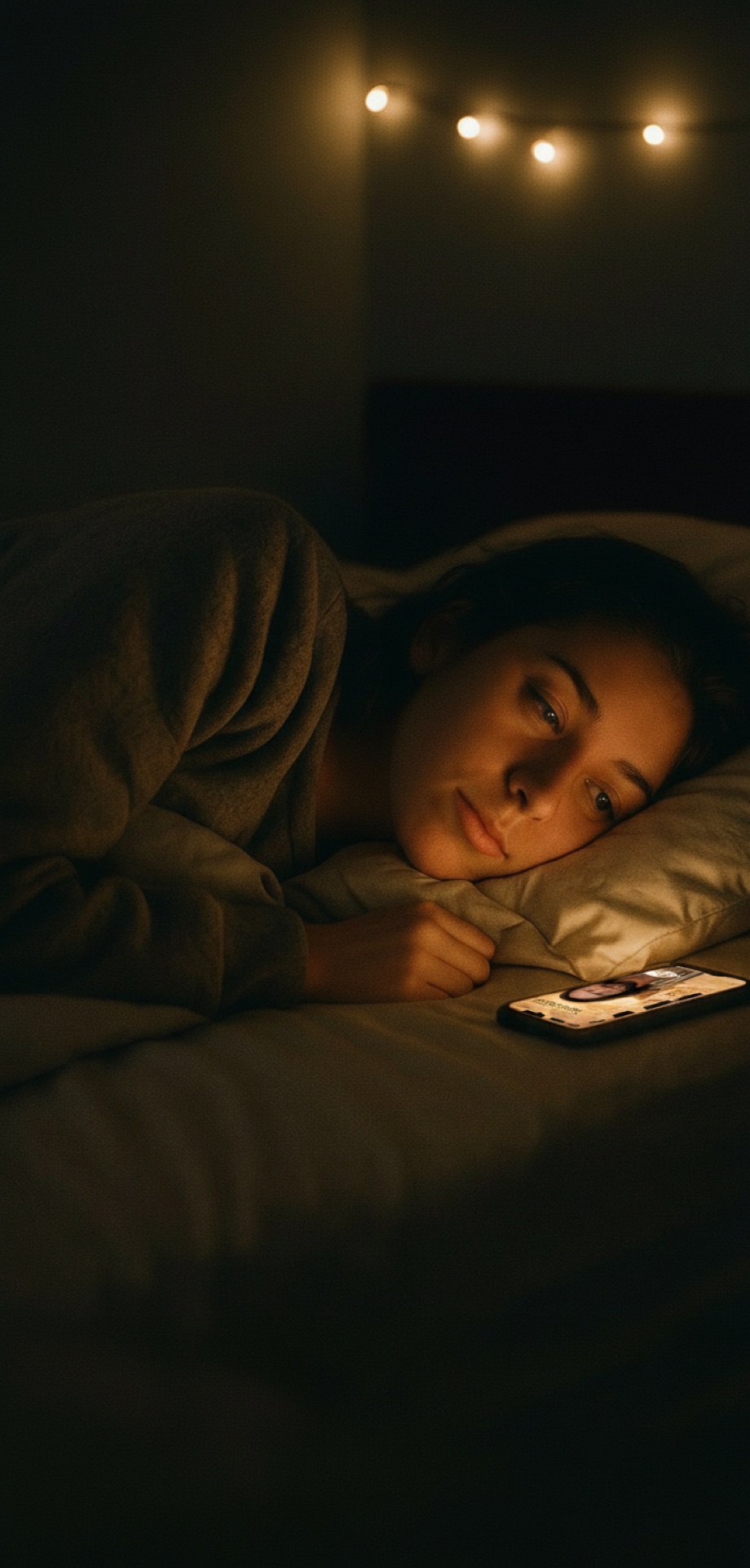 A young woman lying in bed at night, her face softly lit by the app glowing on the pillow beside her