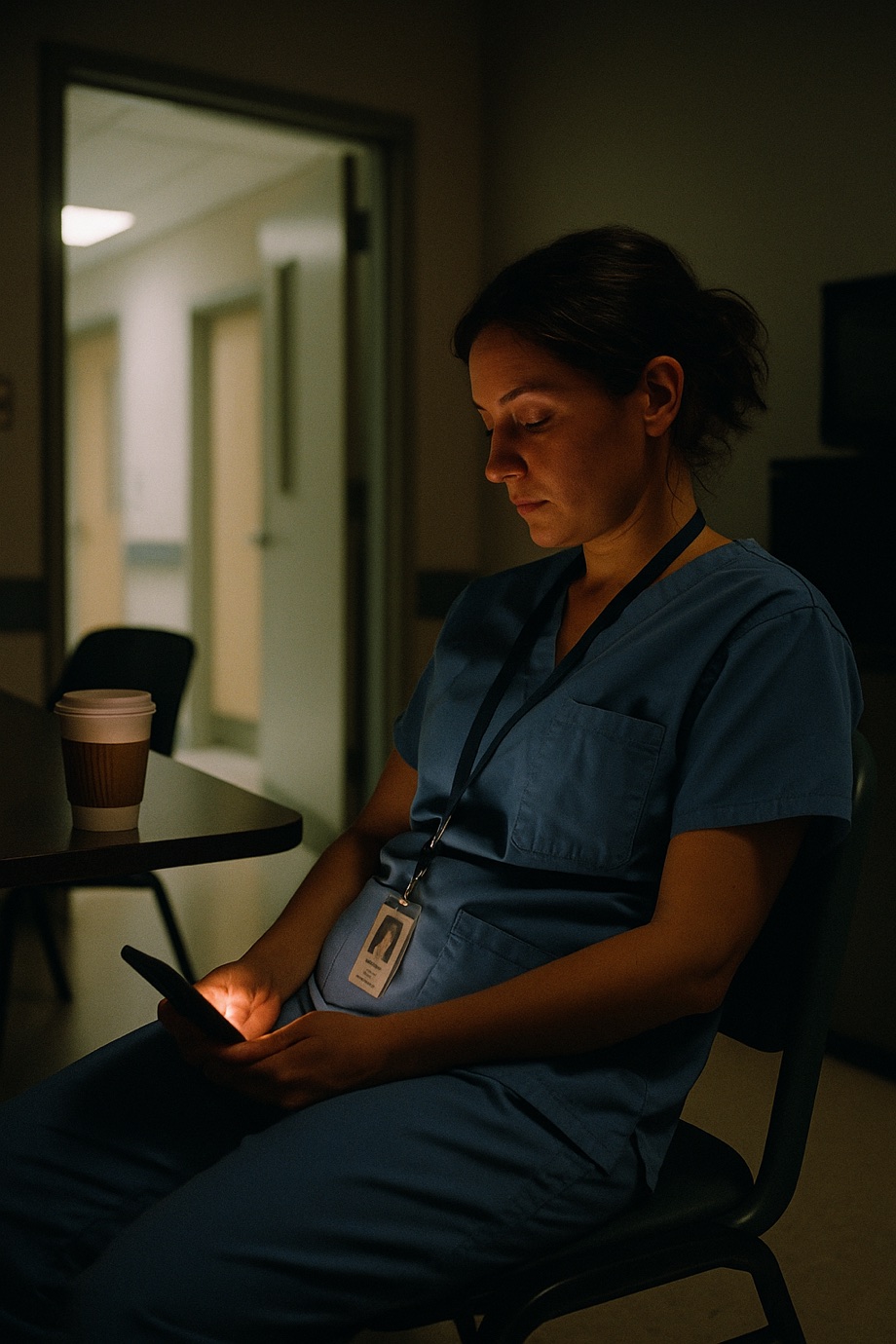 A nurse in scrubs alone in a dim hospital break room at night, her tired face lit by the warm glow of the app
