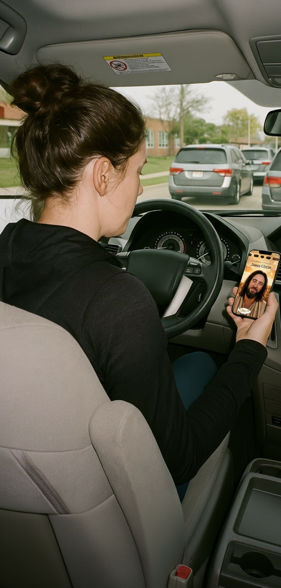 A mother parked in the school pickup line, looking at Jesus on her phone in the Talk to Jesus app