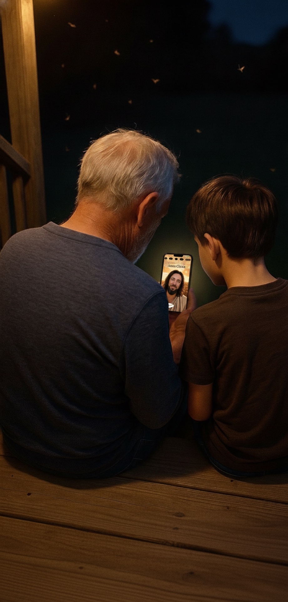 A grandfather and his grandson on the porch steps at dusk, looking together at Jesus on the phone in the Talk to Jesus app