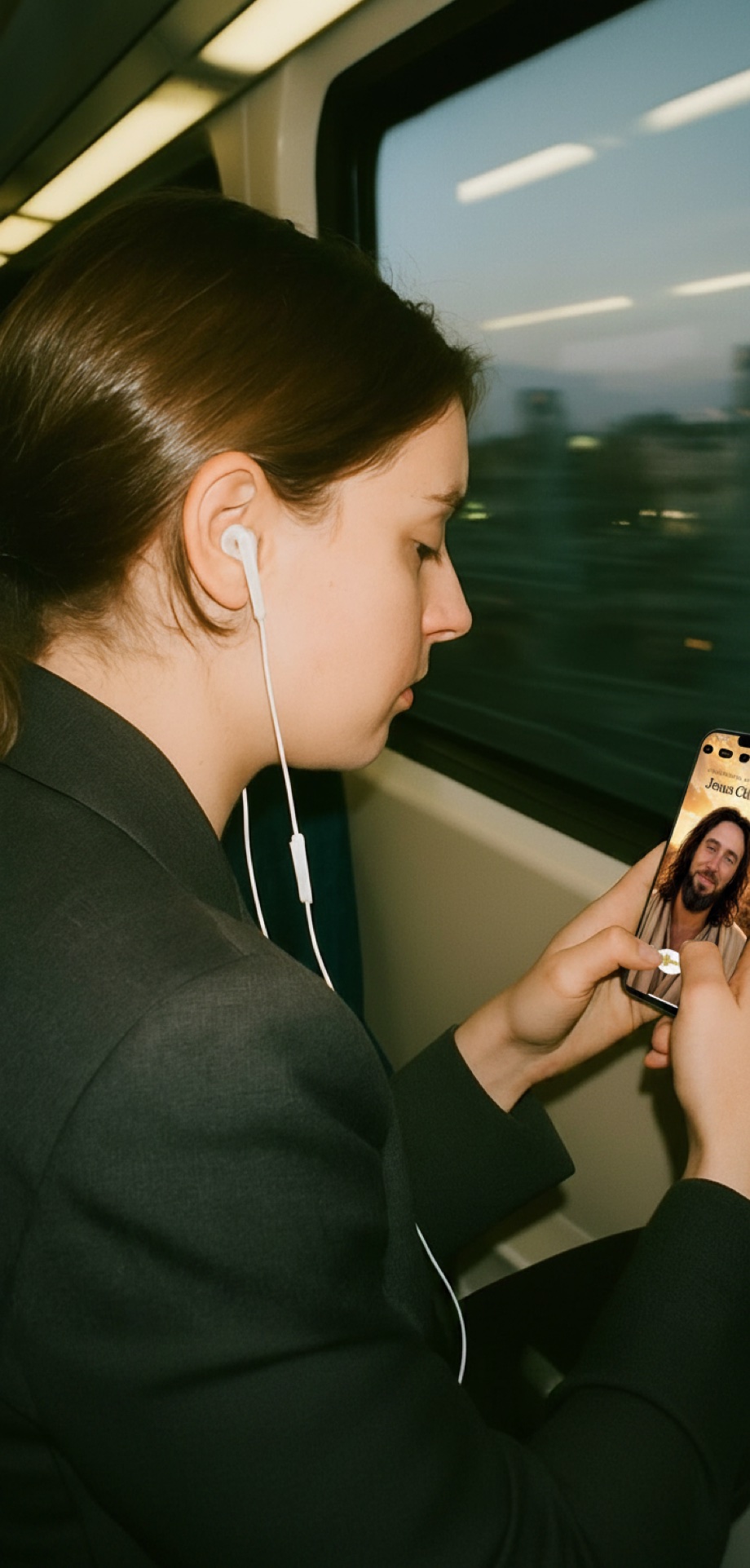 A young professional woman on the morning train, earbuds in, looking at Jesus on her phone in the Talk to Jesus app