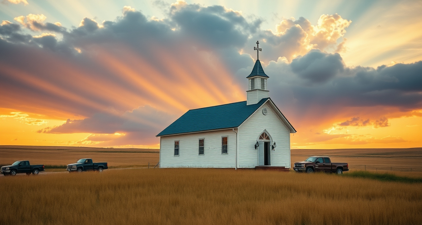 A white clapboard country church with a cross on its steeple, standing in golden prairie grass under rays of evening light